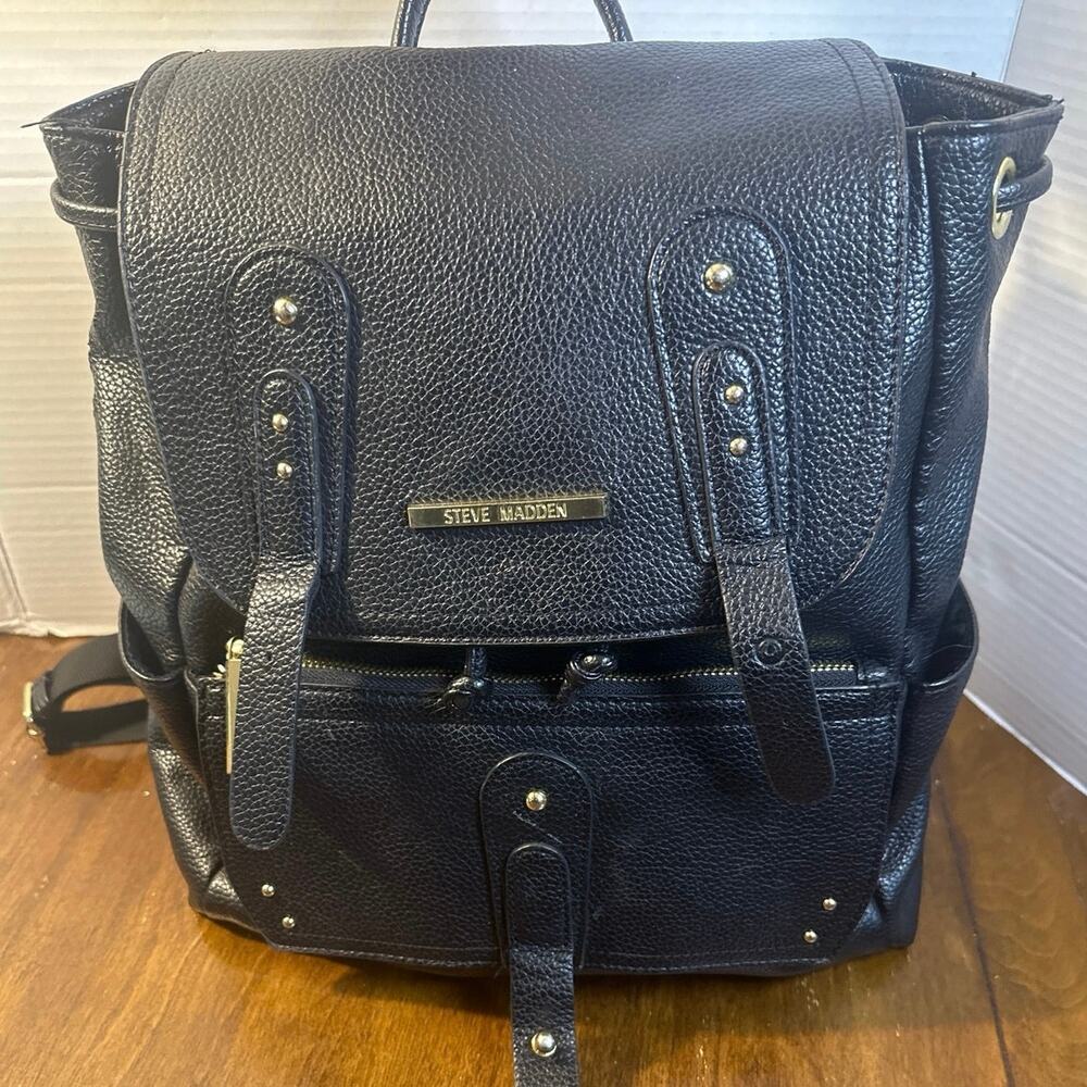Steve Madden Black Leather Women's Backpack Purse Pre-Owned